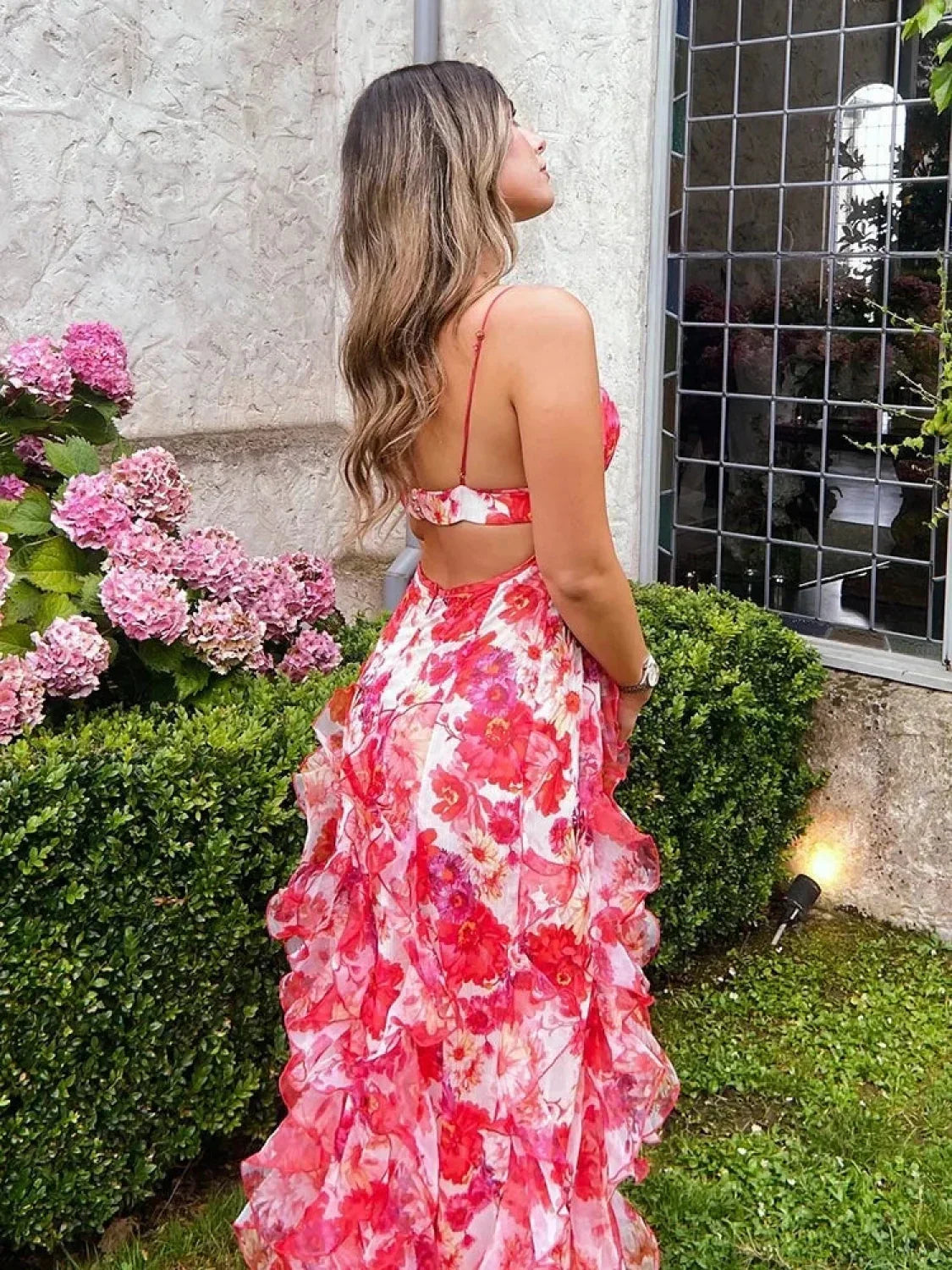 Floral V-Neck Cut Out Ruffle Tiered Maxi Dress 4