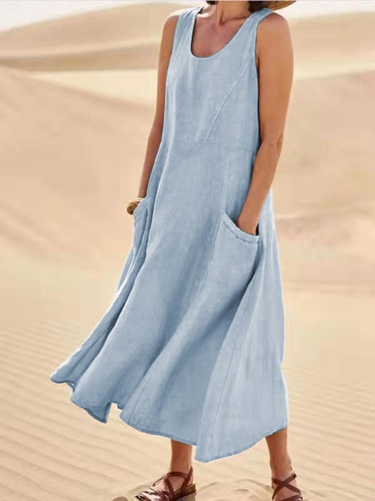 Linen Blend Print A-Line Short Sleeve Maxi Dress - View 6