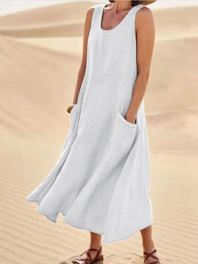 Linen Blend Print A-Line Short Sleeve Maxi Dress - View 2
