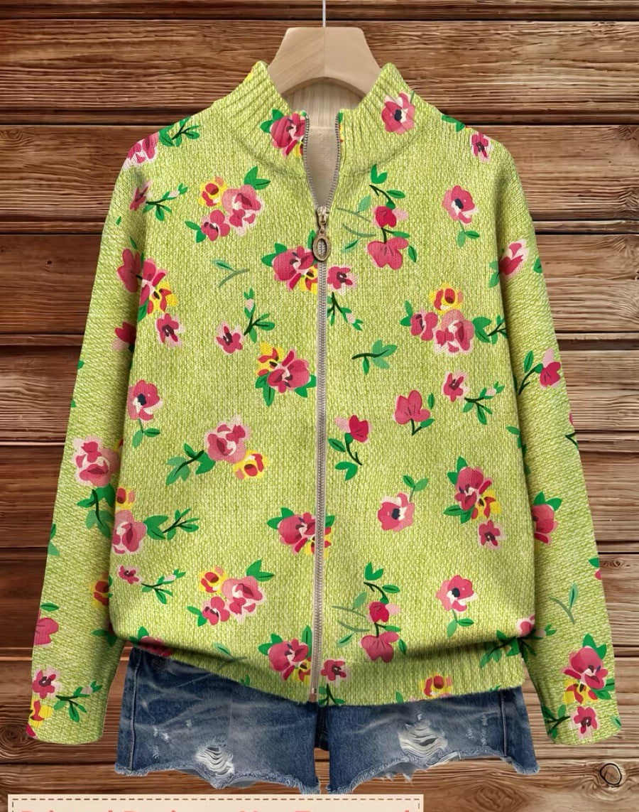 Ditsy Floral Zip Front Mock Neck Cardigan 2