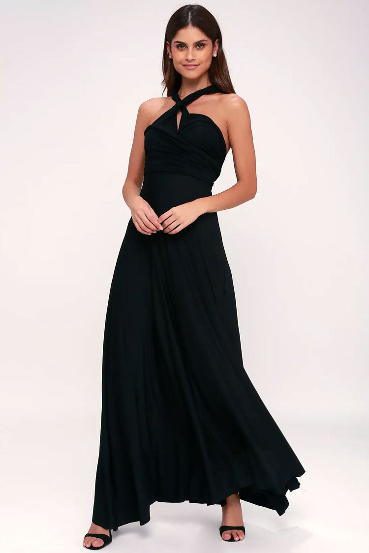 Convertible Infinity Wrap A-Line Maxi Bridesmaid Dress in Black - View 2