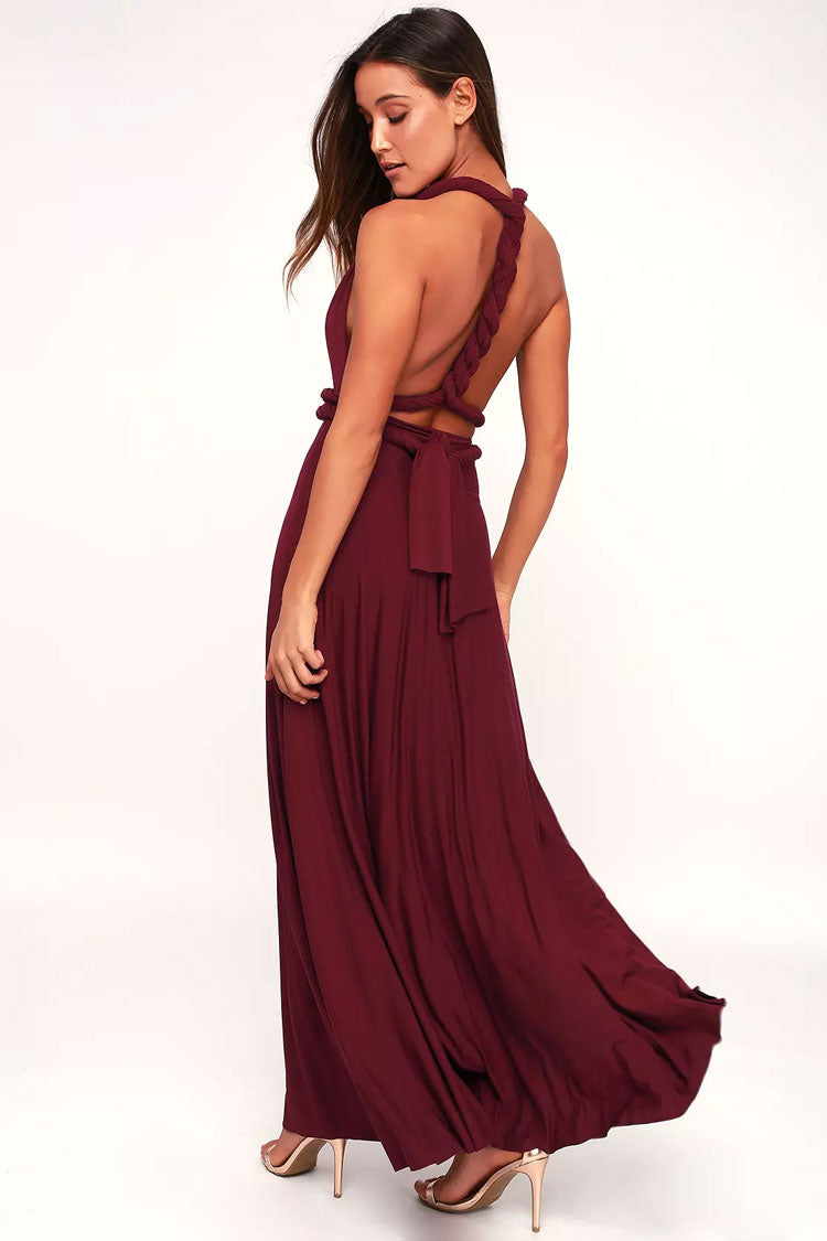 Convertible Infinity Wrap A-Line Maxi Bridesmaid Dress in Burgundy - View 4
