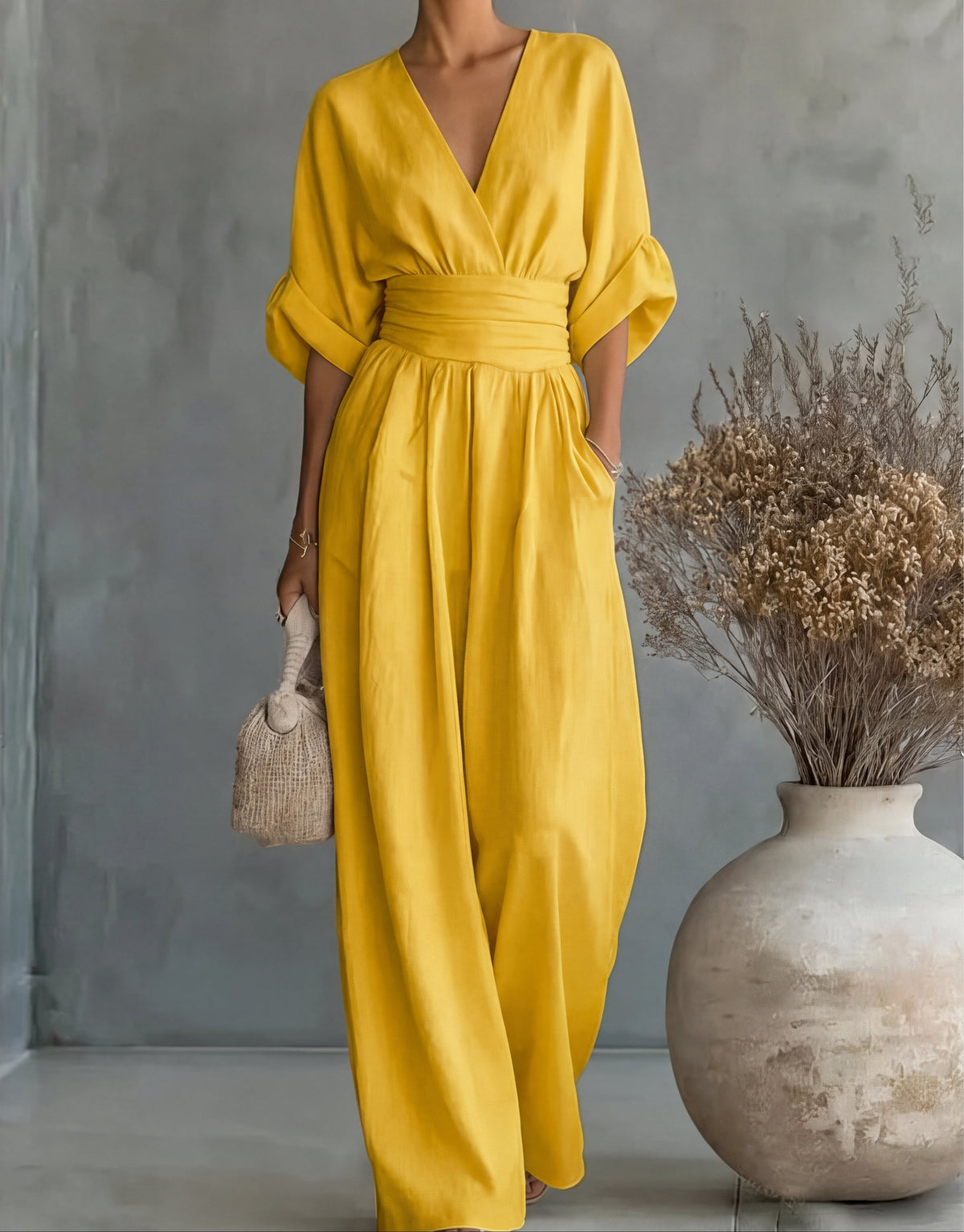 V-Neck Batwing Sleeve Ruched Waist Wide Leg Jumpsuit 2
