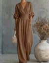 V-Neck Batwing Sleeve Ruched Waist Wide Leg Jumpsuit 7