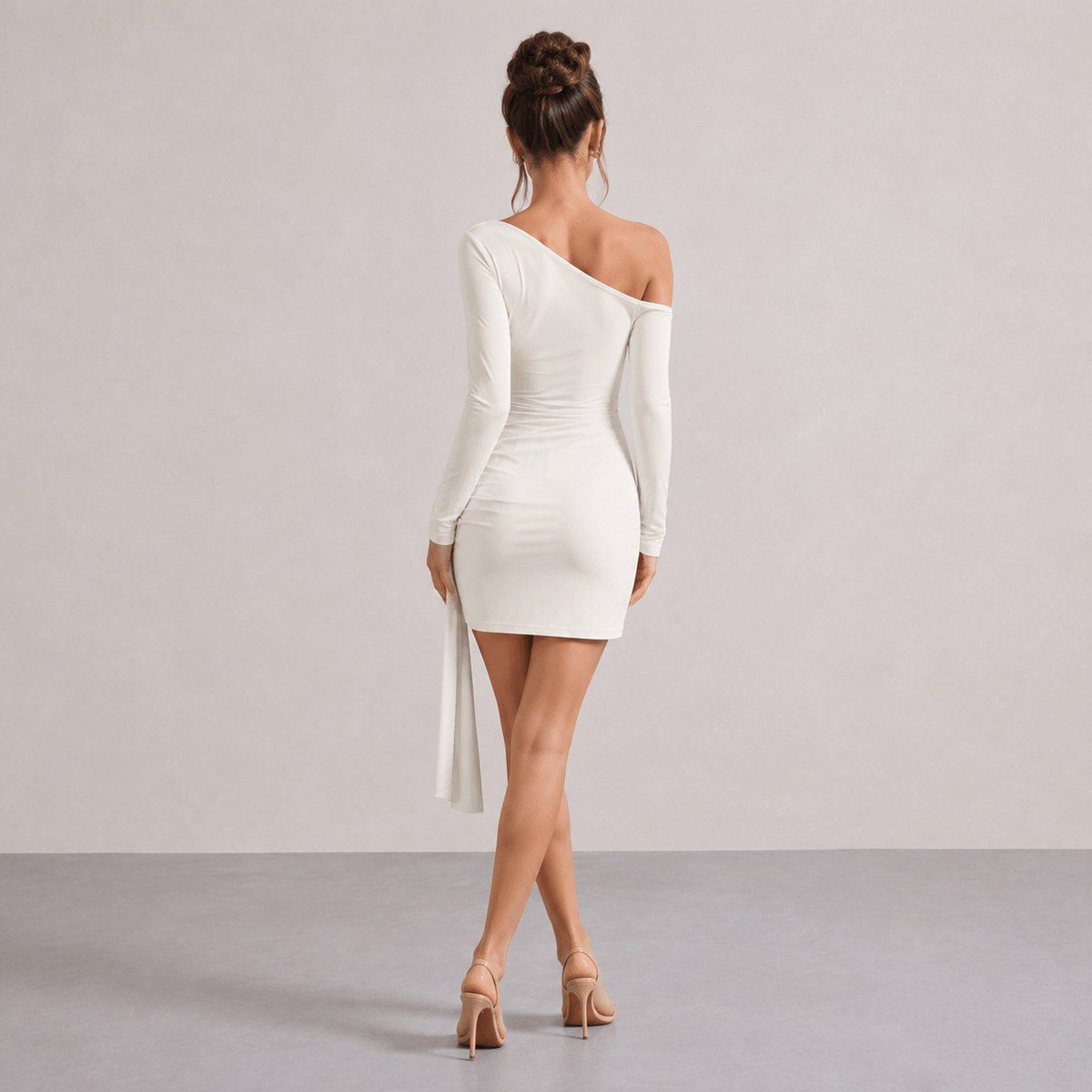 One Shoulder Long Sleeve Ruched Wrap Bodycon Mini Dress 3