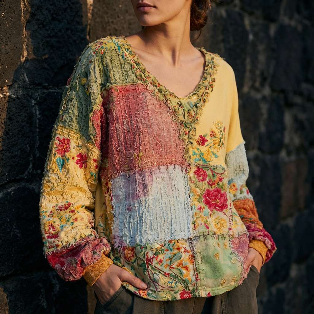 Floral Patchwork V-Neck Sweater 4