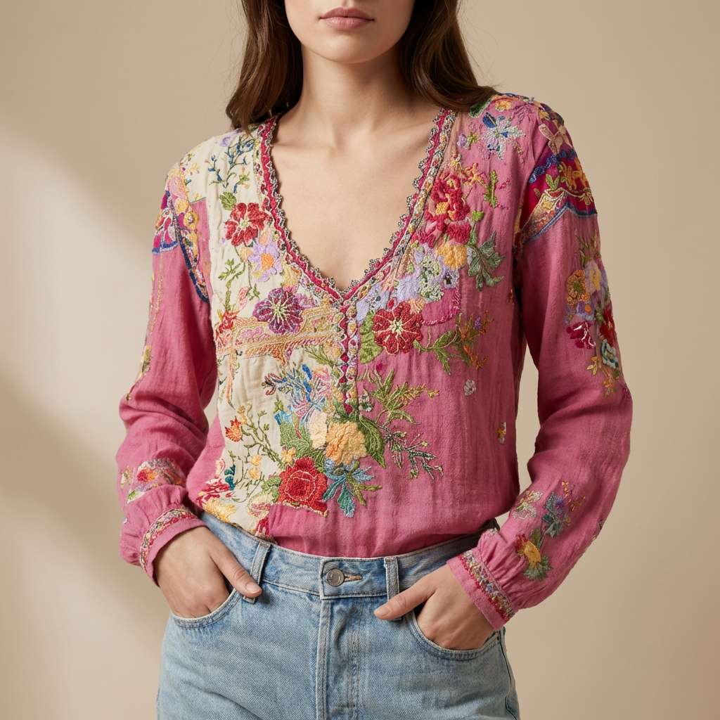Patchwork Floral V-Neck Long Sleeve Top 3