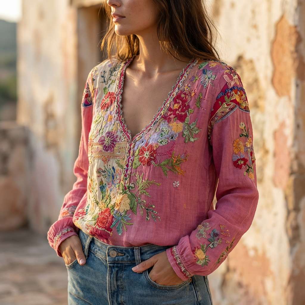 Patchwork Floral V-Neck Long Sleeve Top 6