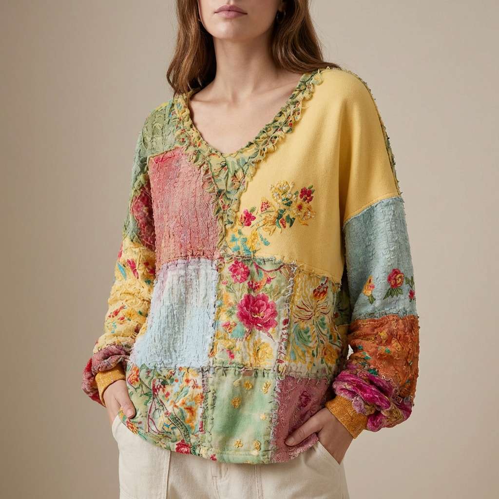 Patchwork Floral V-Neck Long Sleeve Top
