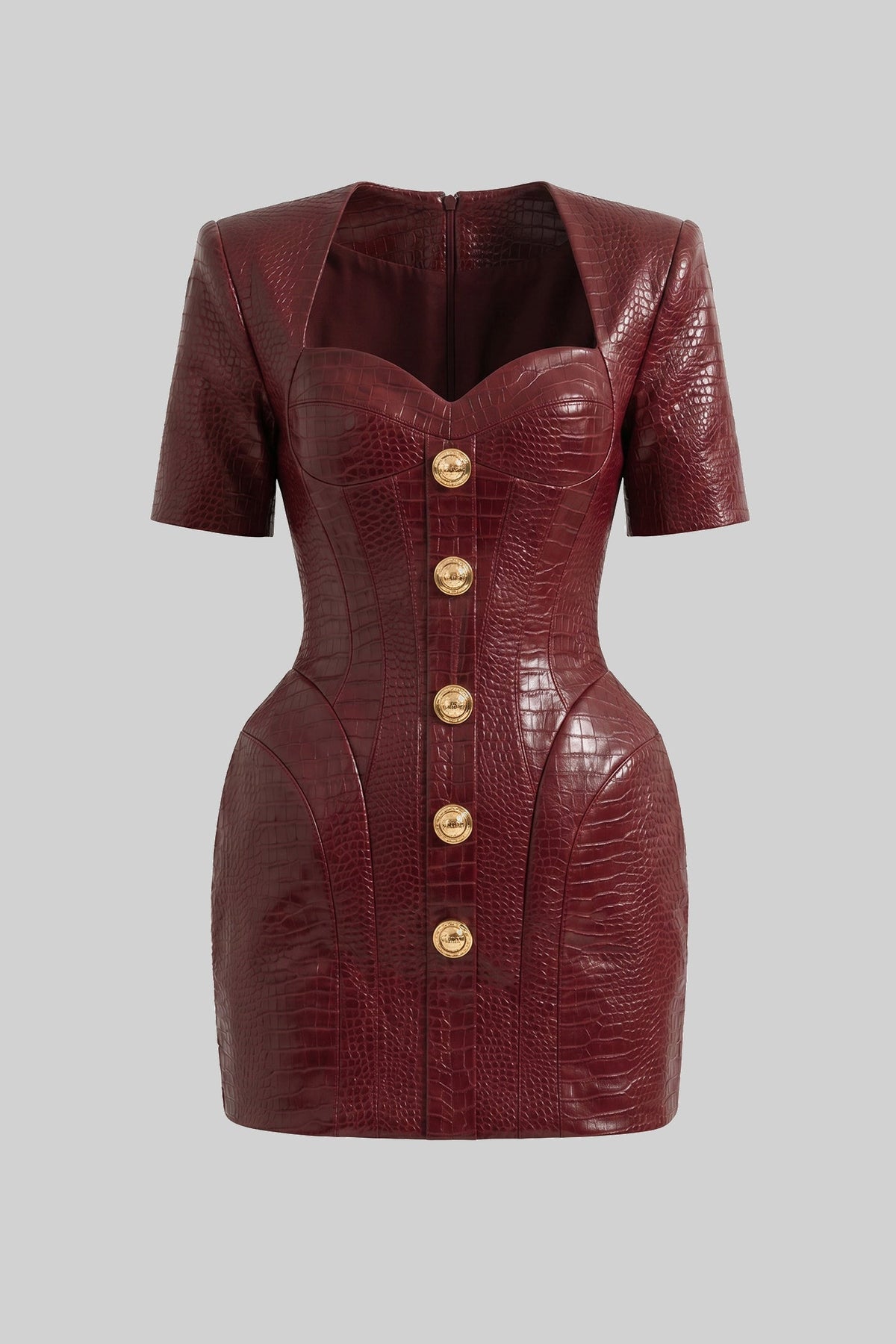 Faux Leather Croc Embossed Sweetheart Neck Padded Mini Dress - View 2