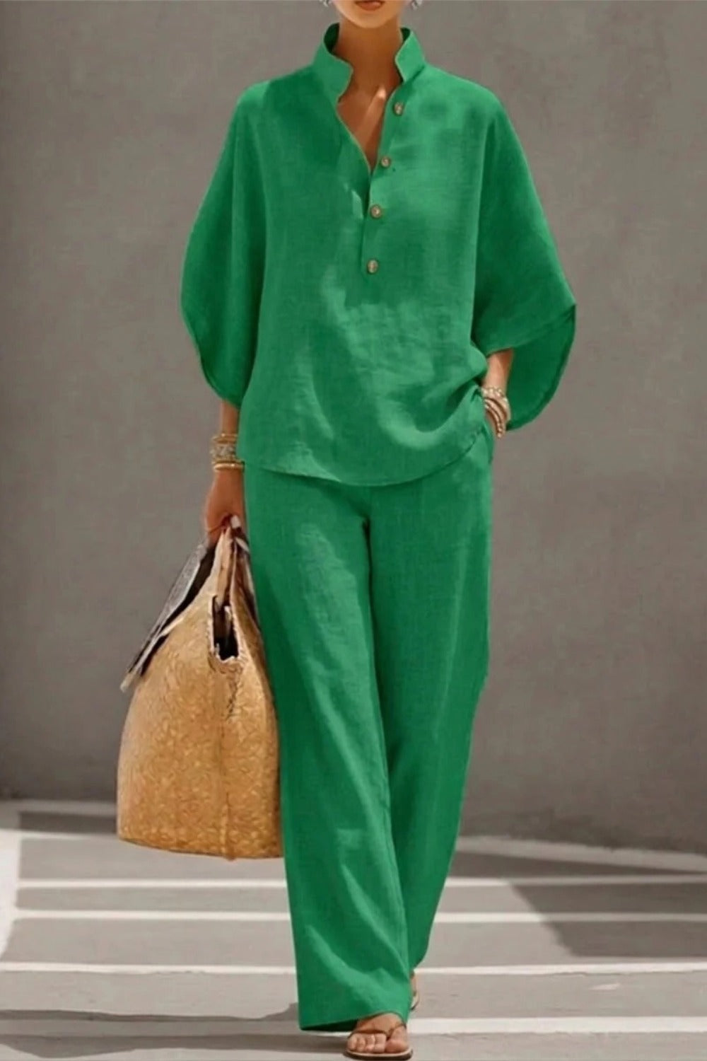 Stand Collar Batwing Sleeve Top and Wide Leg Pants Two Piece Set 3