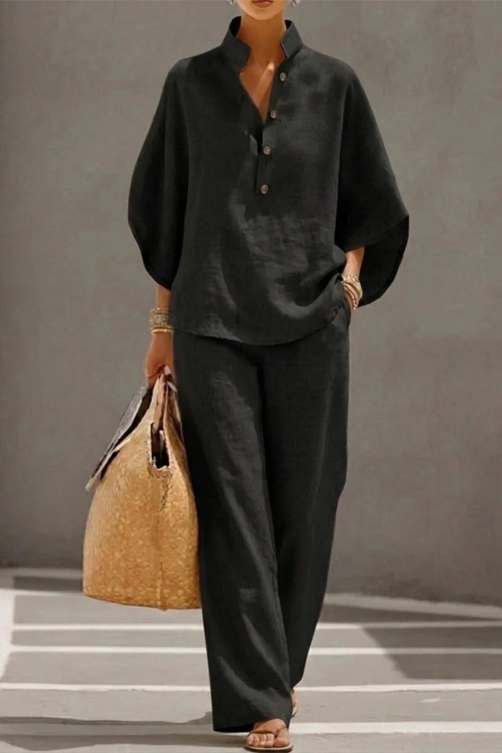 Stand Collar Batwing Sleeve Top and Wide Leg Pants Two Piece Set 4