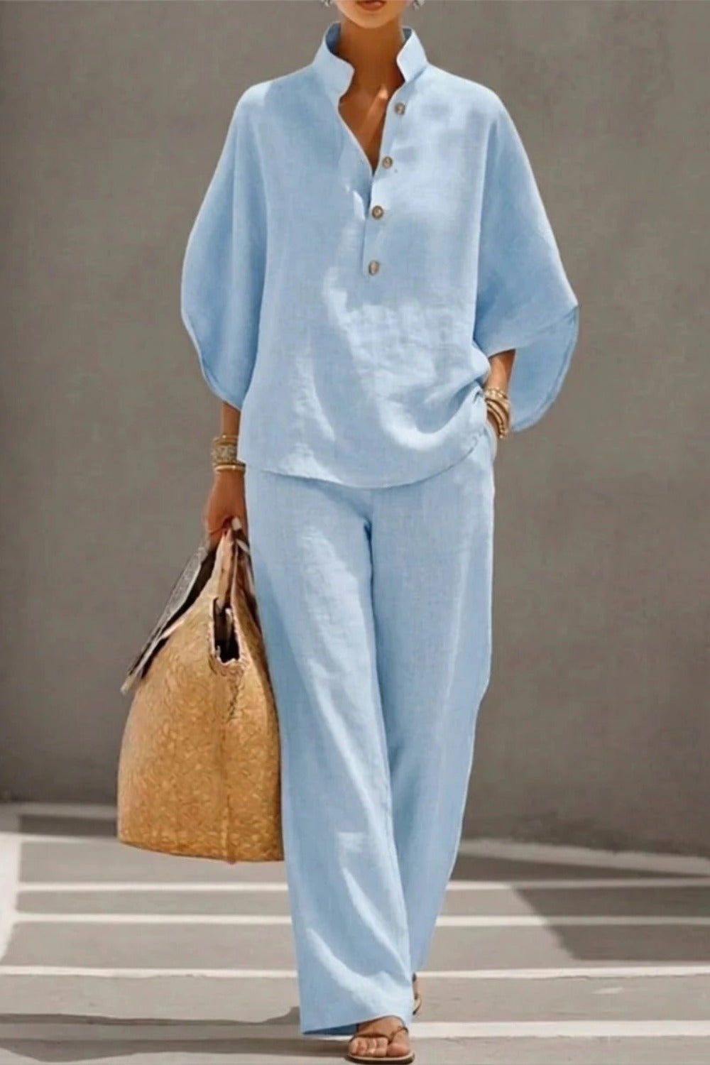 Stand Collar Batwing Sleeve Top and Wide Leg Pants Two Piece Set 5
