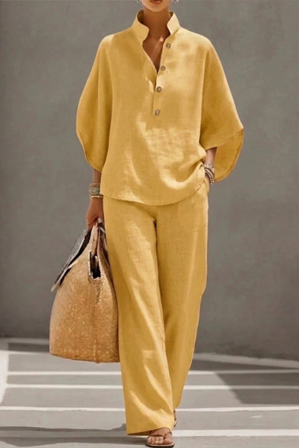 Stand Collar Batwing Sleeve Top and Wide Leg Pants Two Piece Set 6