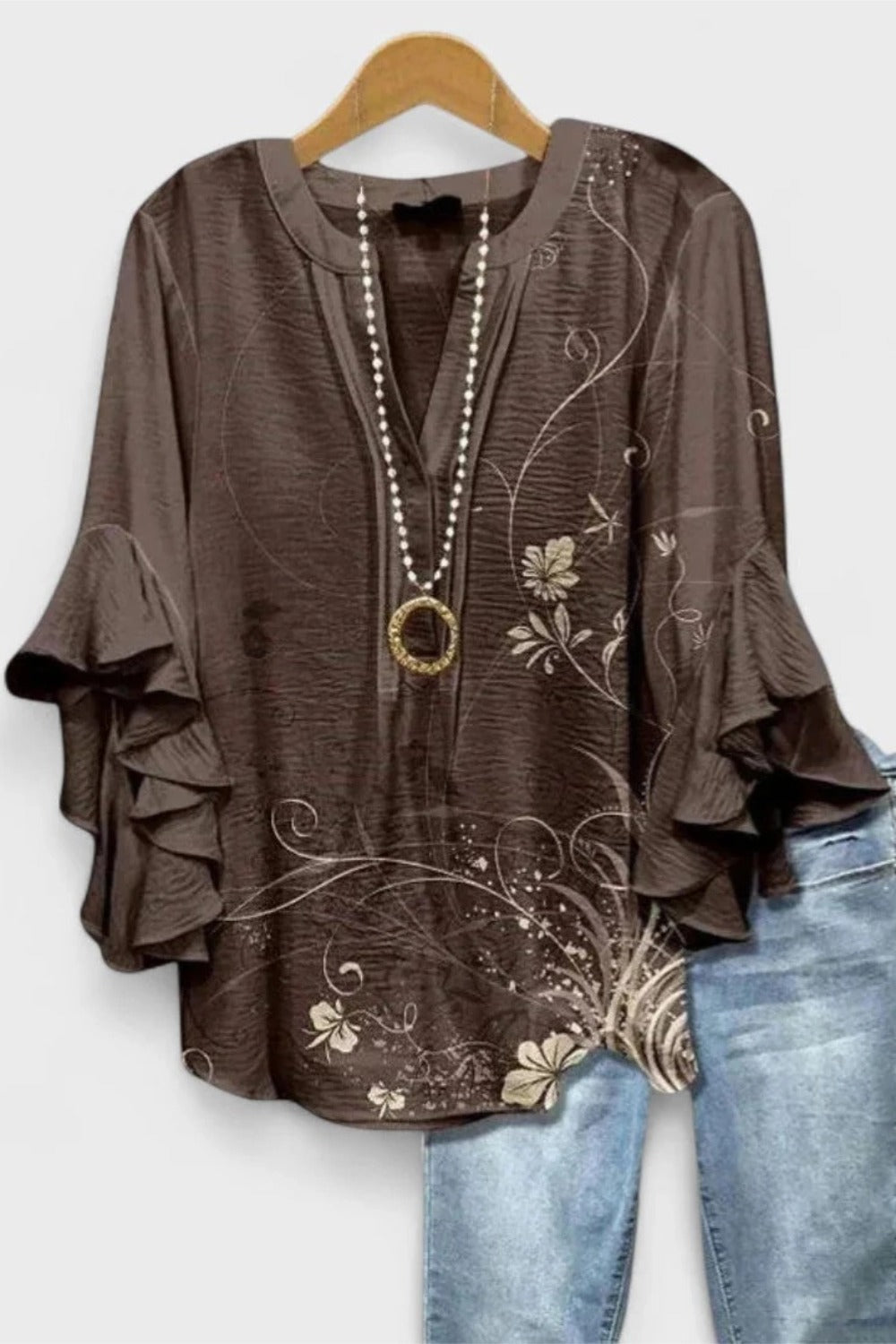 Floral Print Split Neck Tiered Ruffle Sleeve Blouse