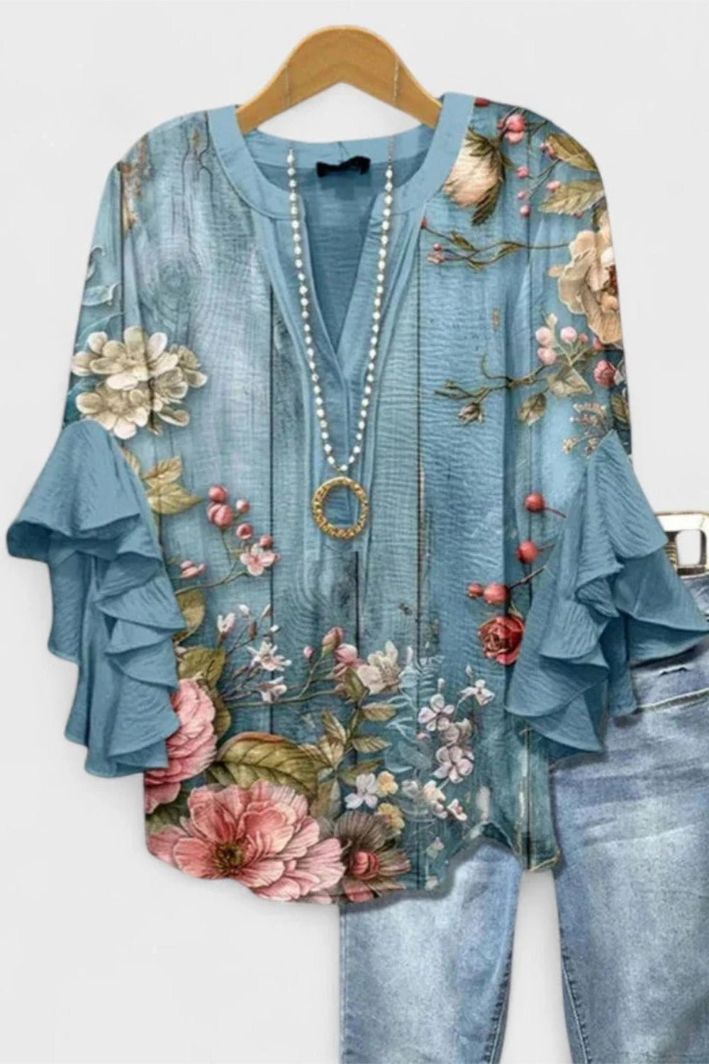 Floral V-Neck Tiered Ruffle Sleeve Pintuck Blouse