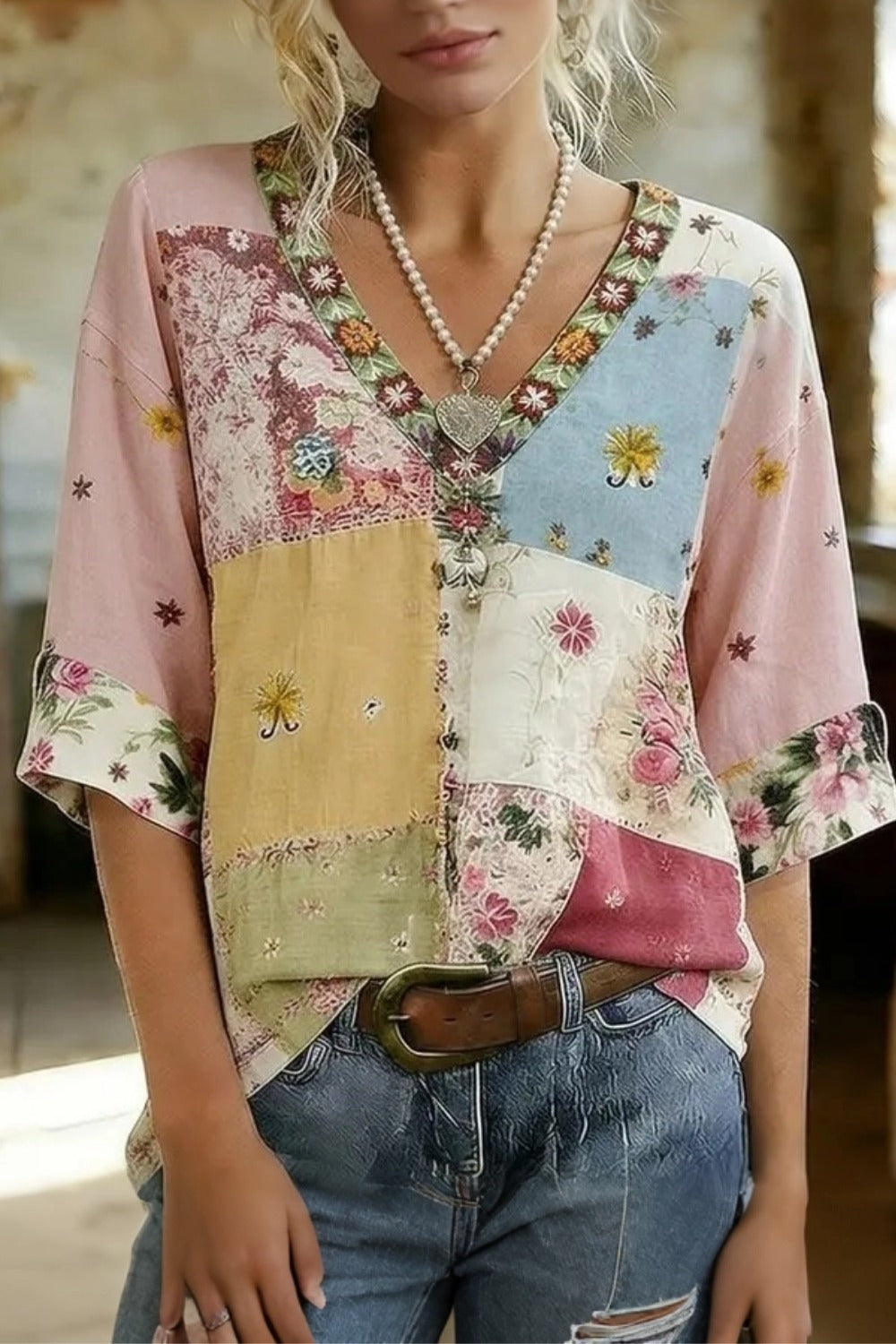 Patchwork Floral Print V-Neck Half Sleeve Blouse