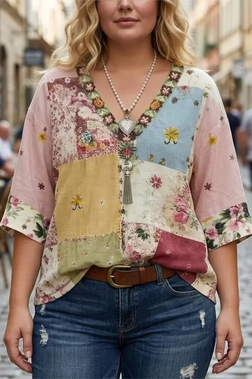 Patchwork Floral Print V-Neck Half Sleeve Blouse 3