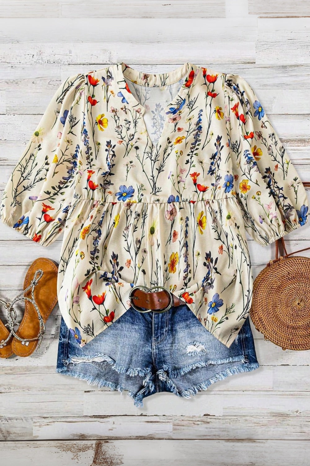 Floral Print Notched Neck Puff Sleeve Peplum Blouse