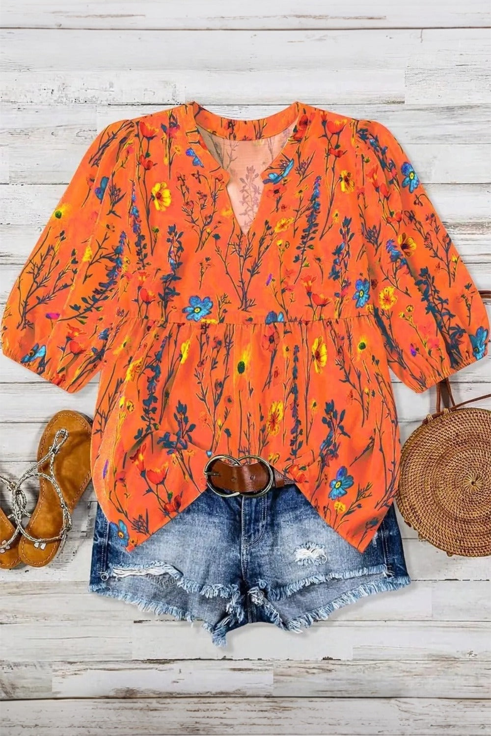 Floral Print Notch Neck Half Sleeve Peplum Blouse