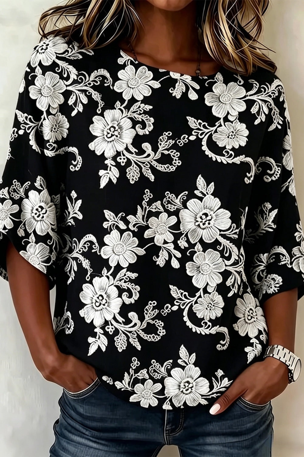 Floral Print Round Neck Half Sleeve Linen Look Top 3