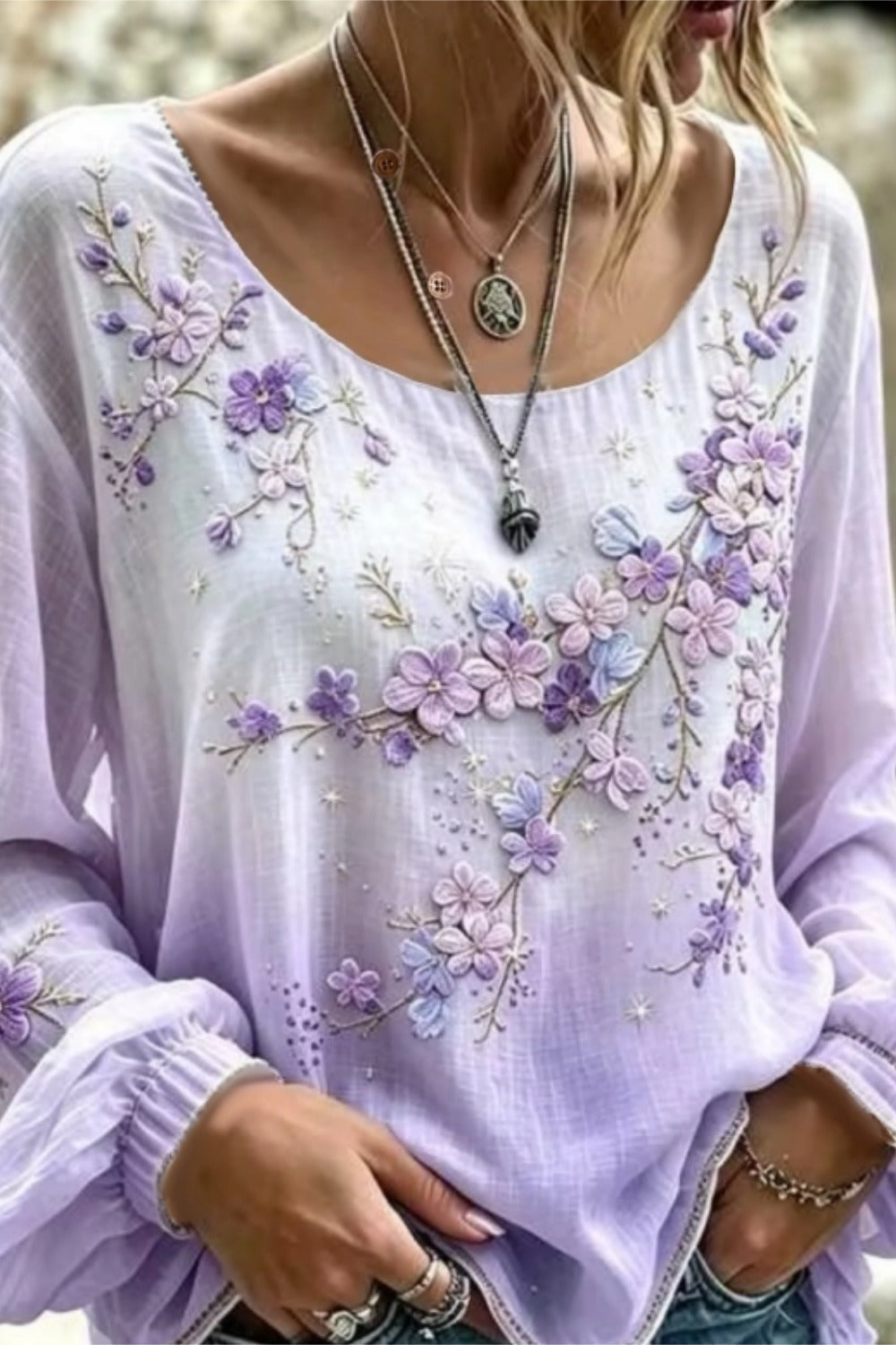 Floral Print Crew Neck Long Sleeve Lightweight Loose Blouse 2