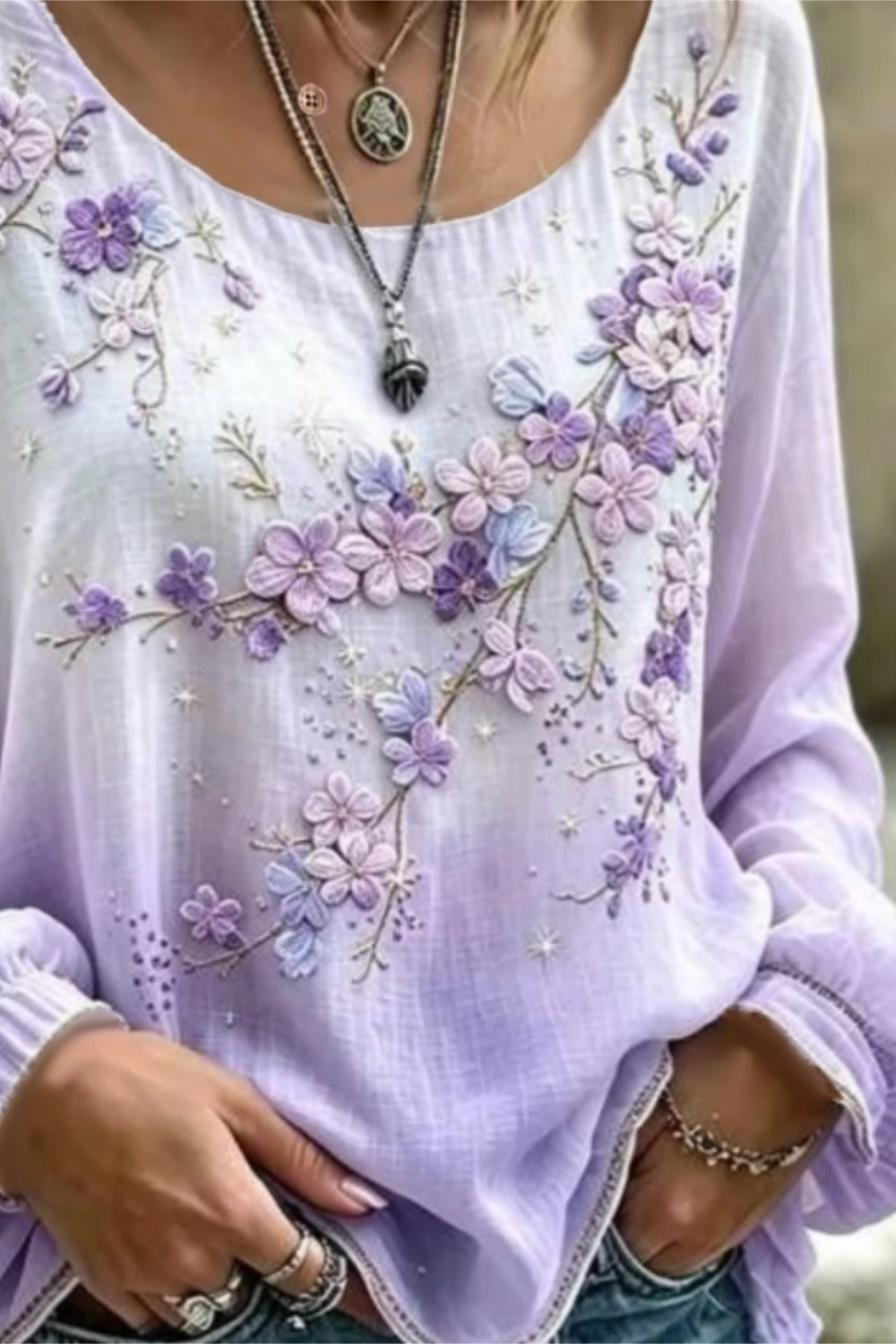 Floral Print Crew Neck Long Sleeve Lightweight Loose Blouse 3