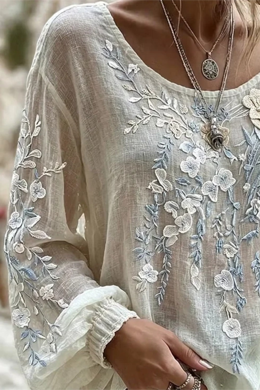 Floral Embroidered Round Neck Long Sleeve Blouse 5