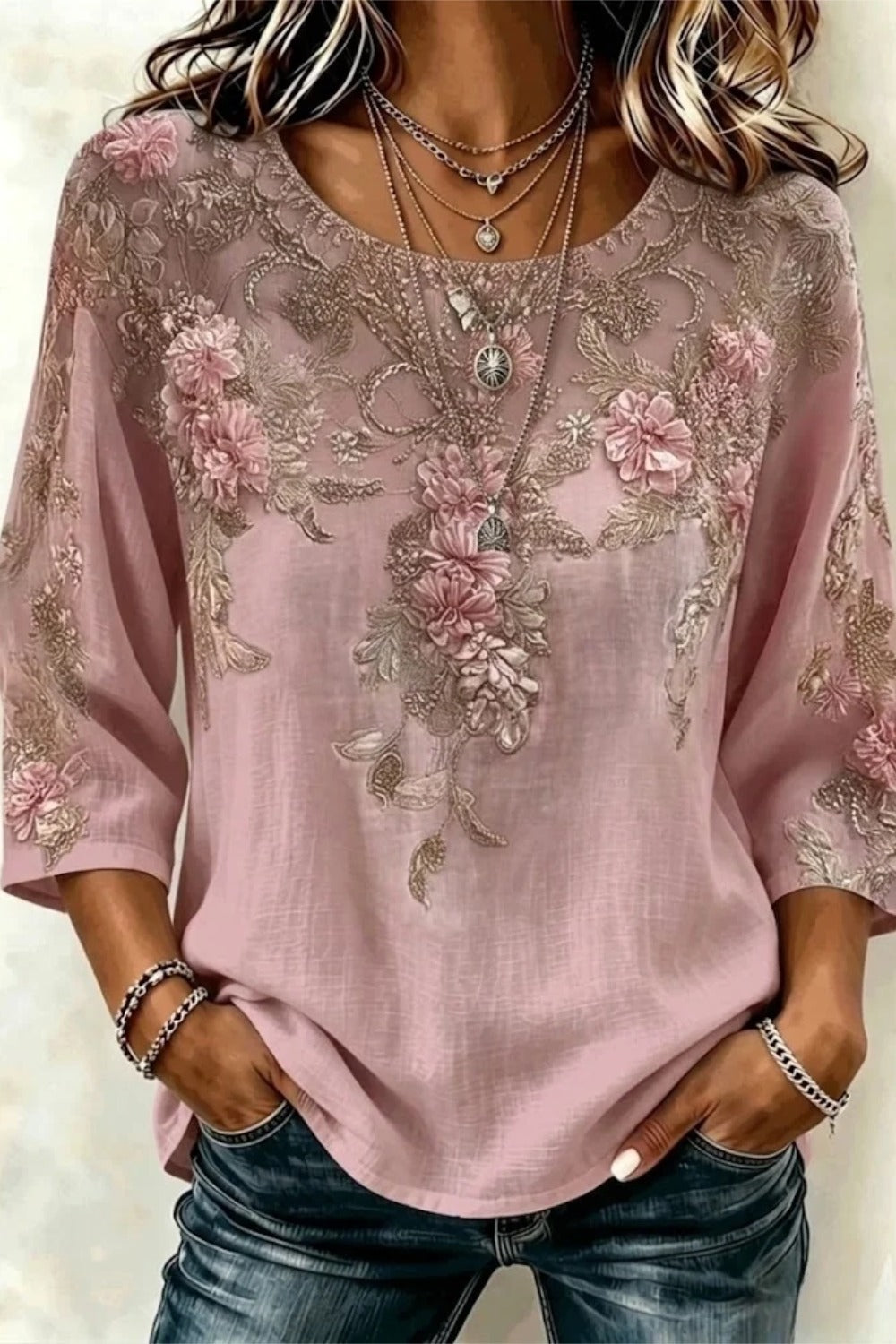 Floral Lace Applique Round Neck Three Quarter Sleeve Blouse