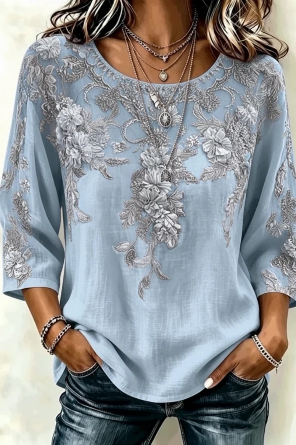 Floral Lace Applique Round Neck Three Quarter Sleeve Blouse 2