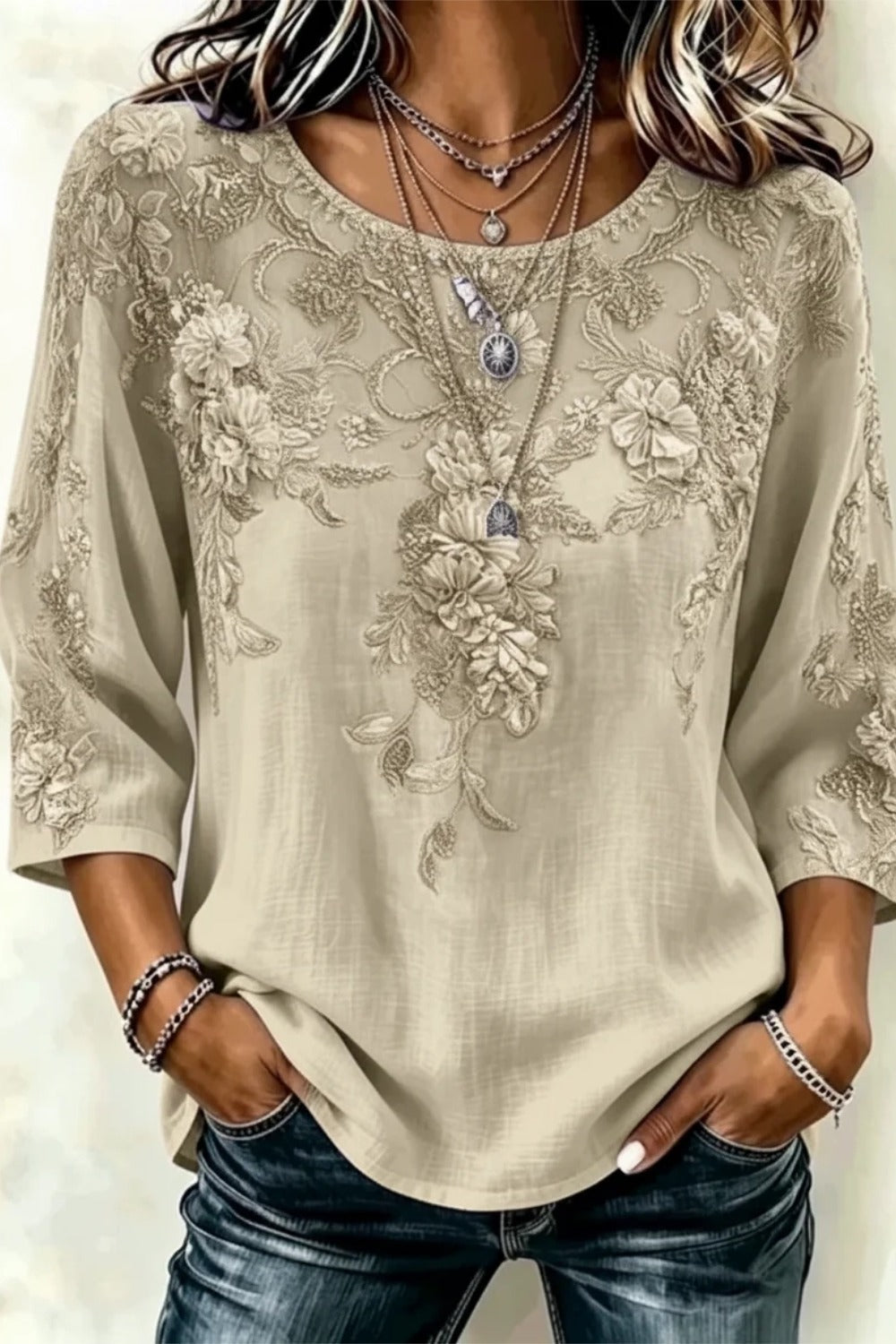 Floral Lace Applique Round Neck Three Quarter Sleeve Blouse 4