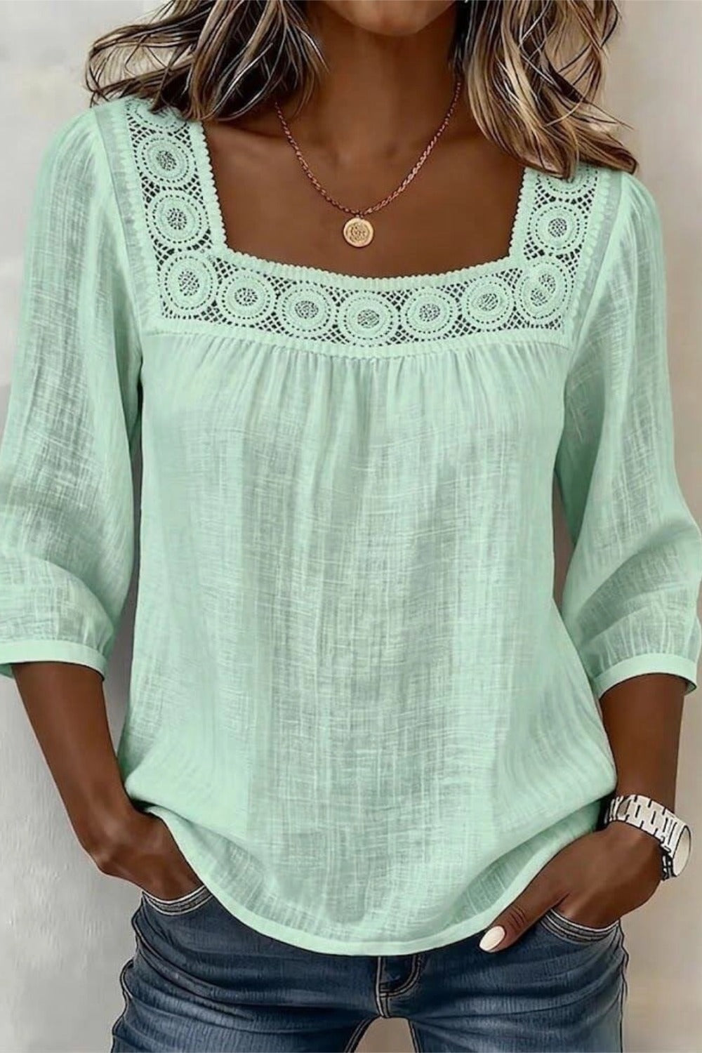 Square Neck Crochet Lace Yoke Three Quarter Sleeve Blouse 6