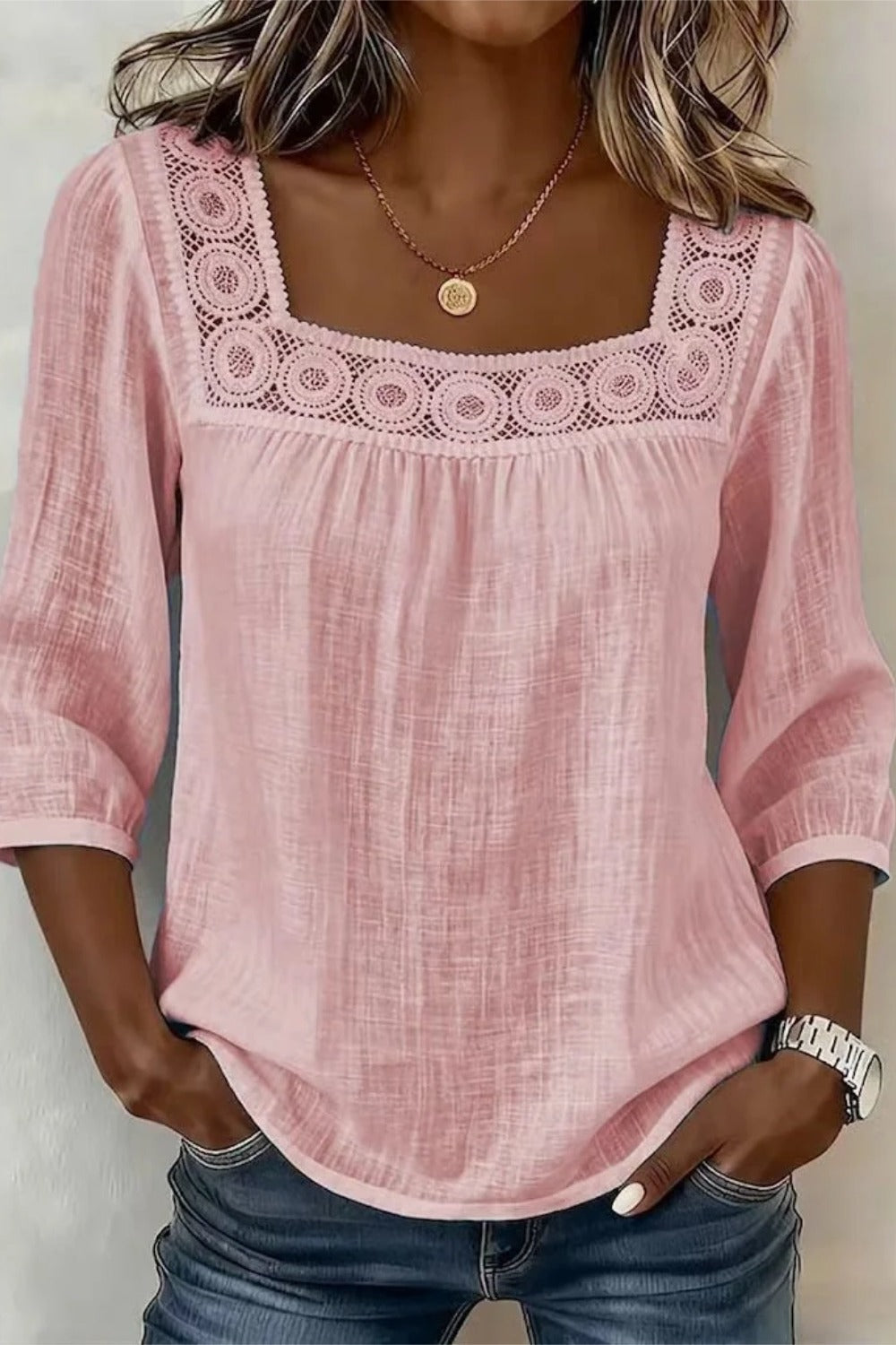 Square Neck Crochet Lace Yoke Three Quarter Sleeve Blouse