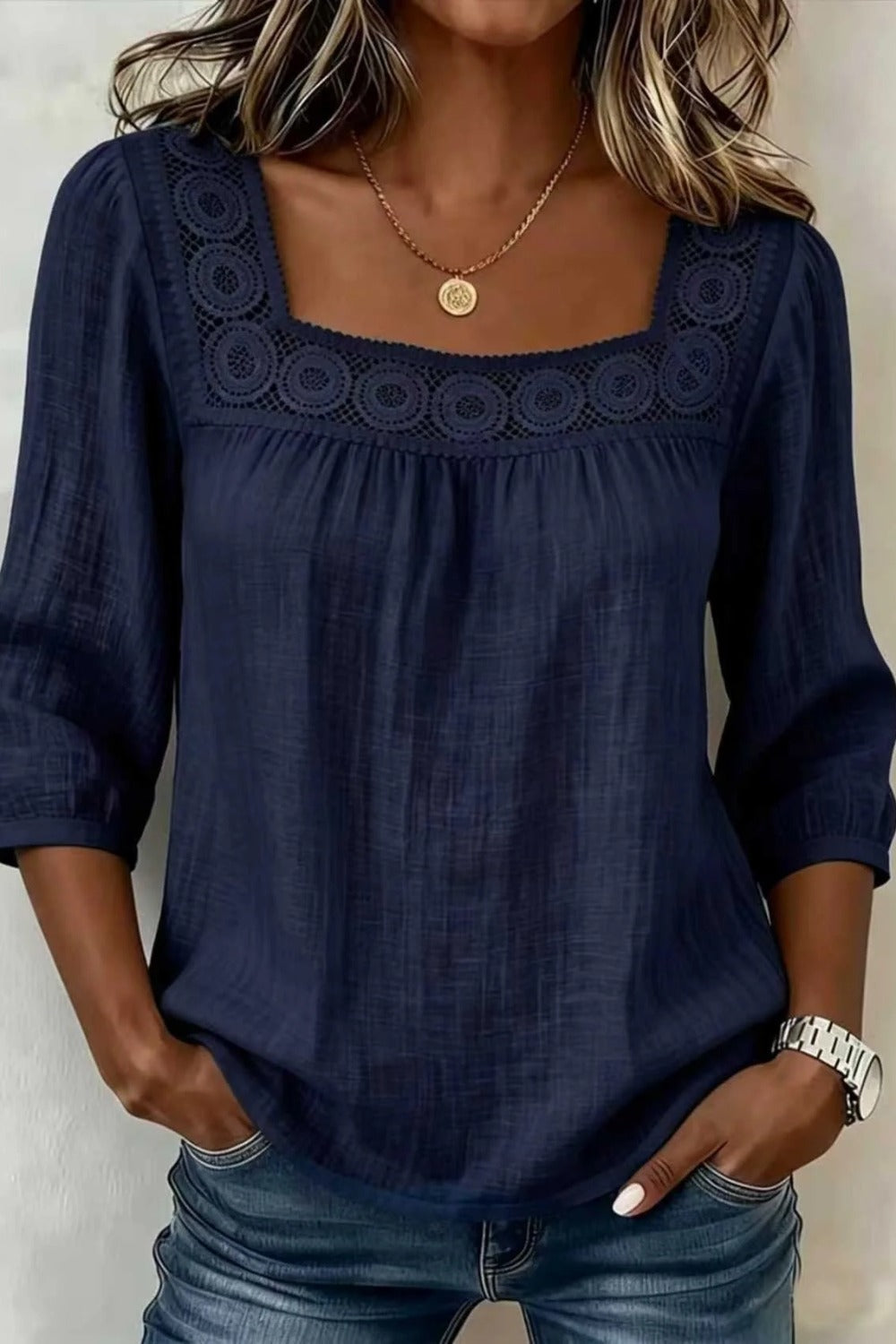 Square Neck Crochet Lace Yoke Three Quarter Sleeve Blouse 4