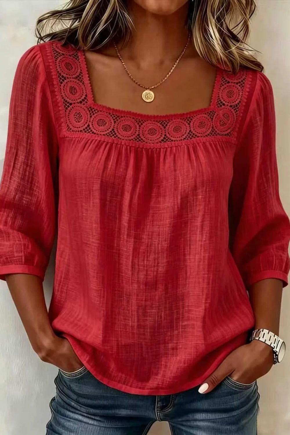 Square Neck Crochet Lace Yoke Three Quarter Sleeve Blouse 2