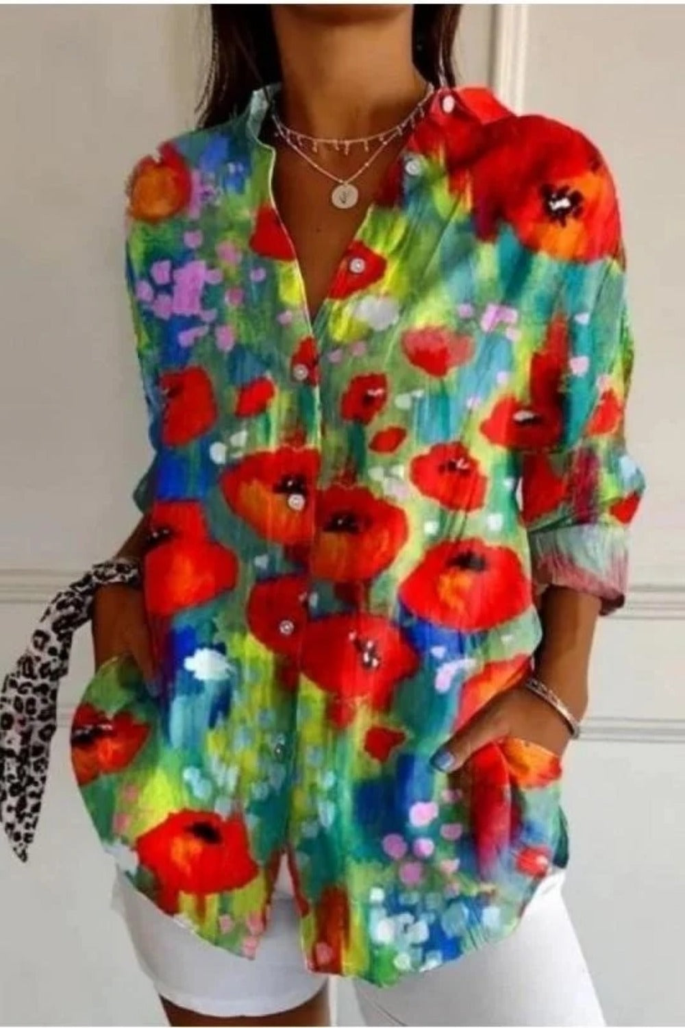 Poppy Floral Print Long Sleeve Button Up Shirt