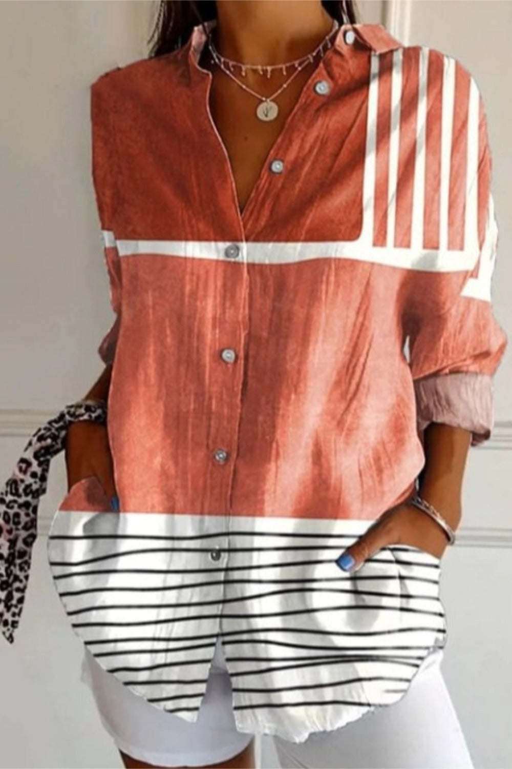 Striped Color Block Long Sleeve Button Up Shirt