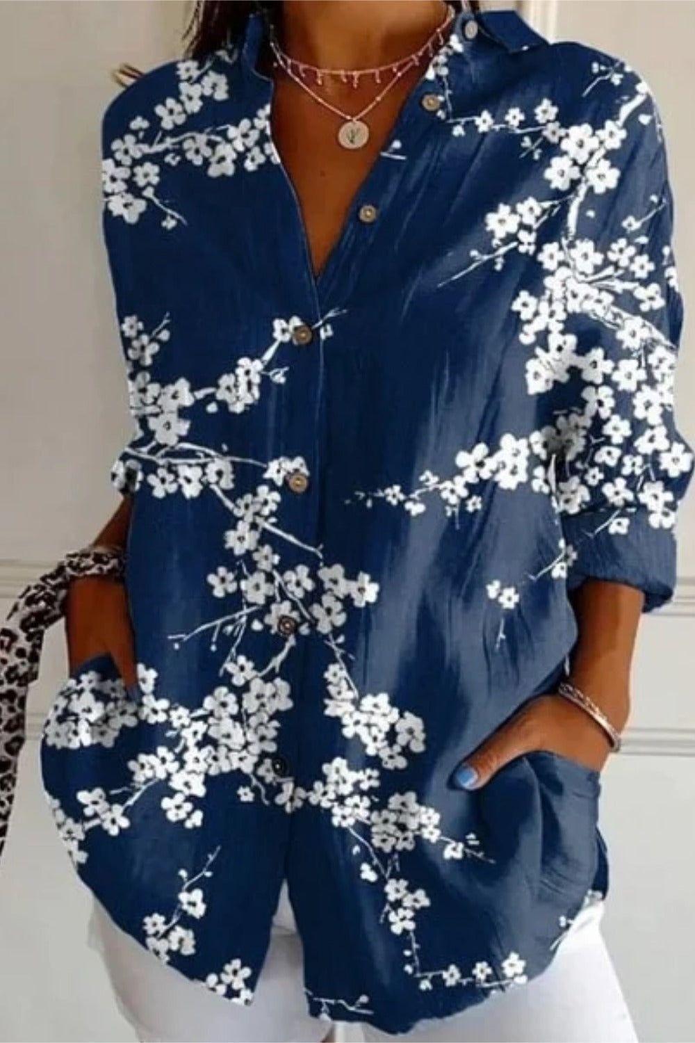 Blossom Print Collared Long Sleeve Roll Tab Button Up Shirt