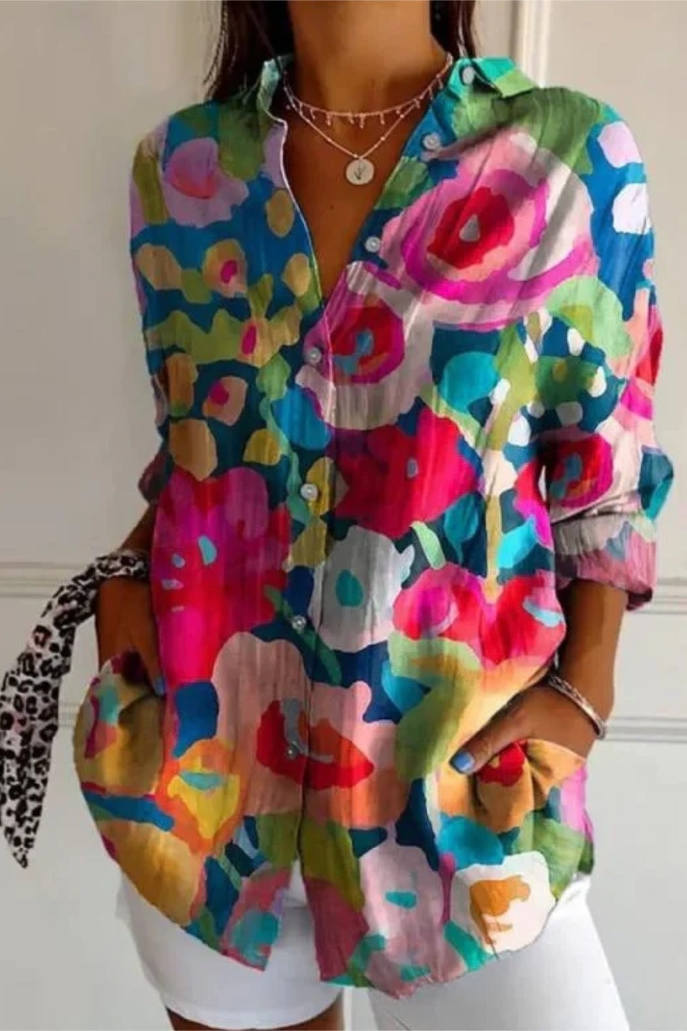 Abstract Floral Print Long Sleeve Button Up Shirt