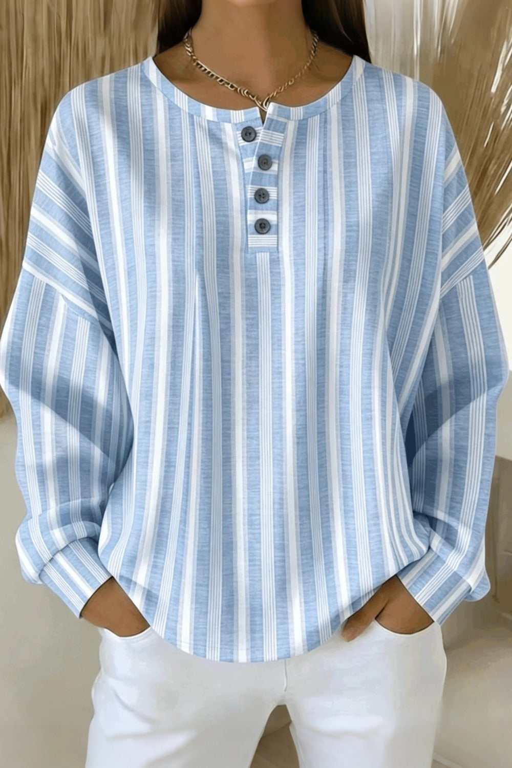 Henley Neck Striped Long Sleeve Waffle Top