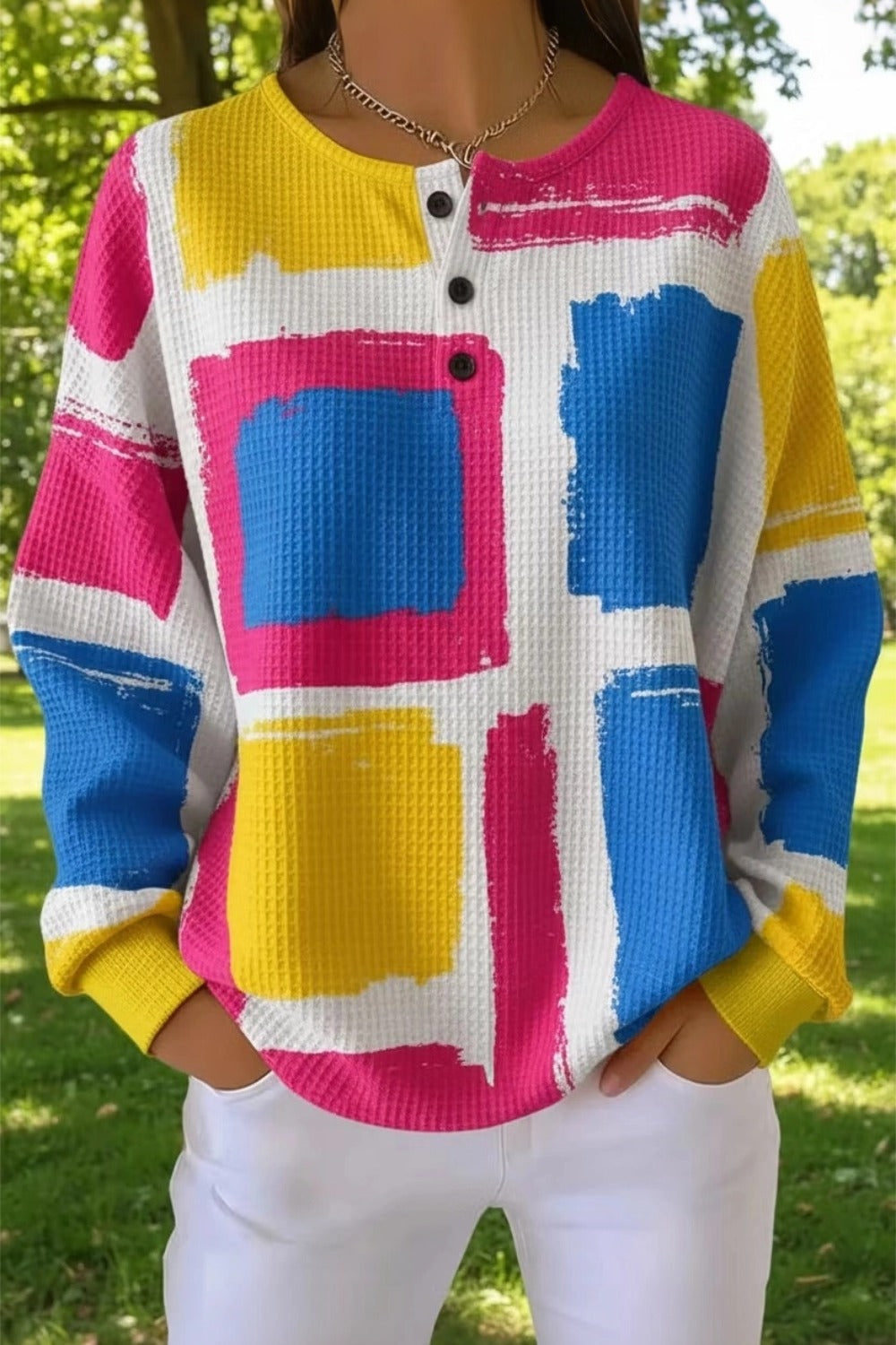 Abstract Color Block Henley Button Long Sleeve Waffle Knit Top