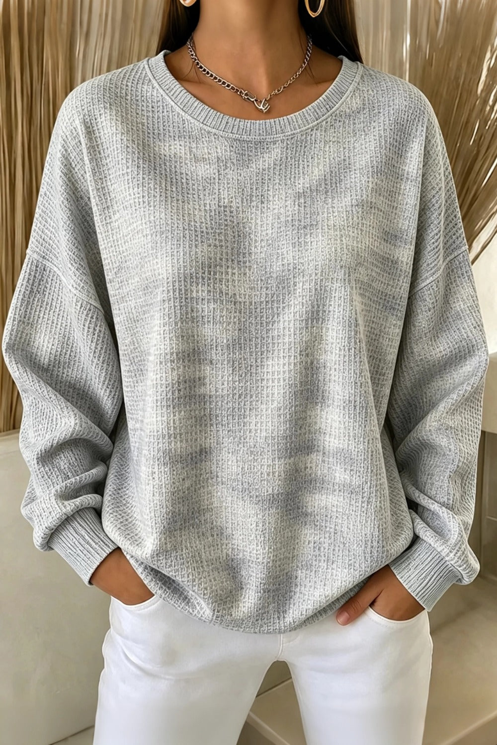 Crew Neck Tie Dye Waffle Knit Sweatshirt 7