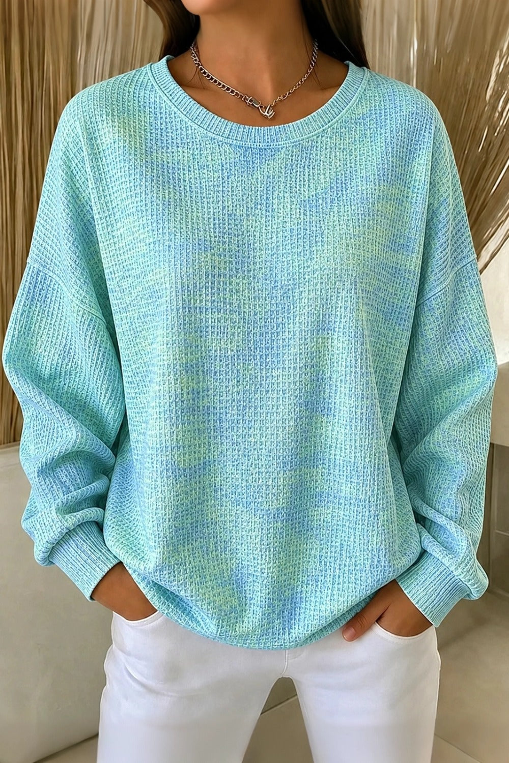 Crew Neck Tie Dye Waffle Knit Sweatshirt