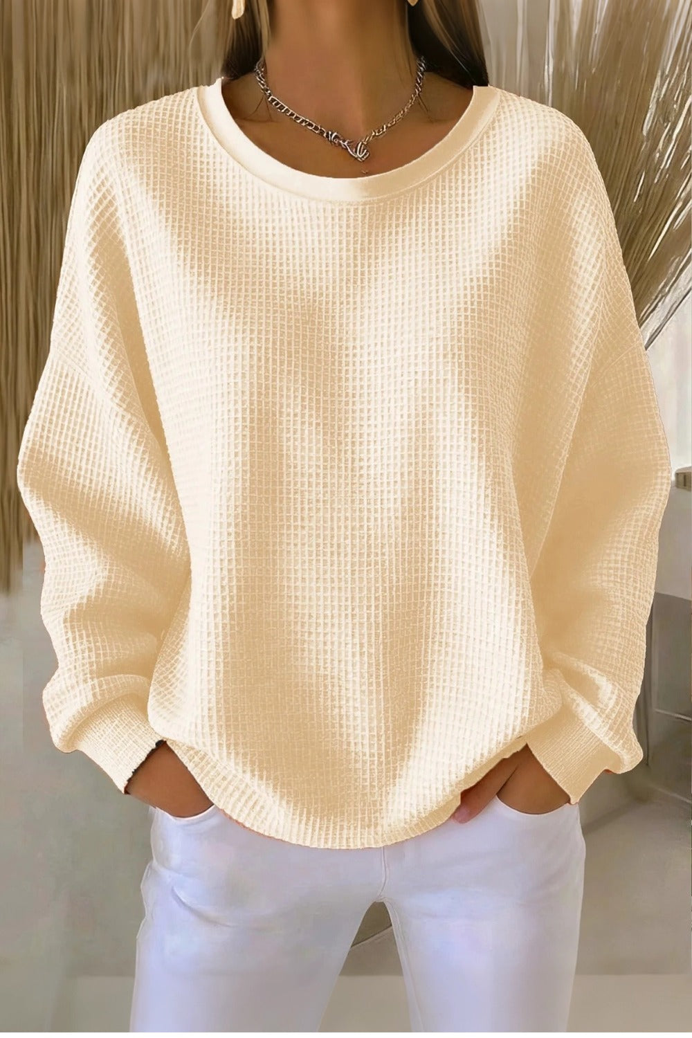 Crew Neck Long Sleeve Waffle Knit Sweatshirt