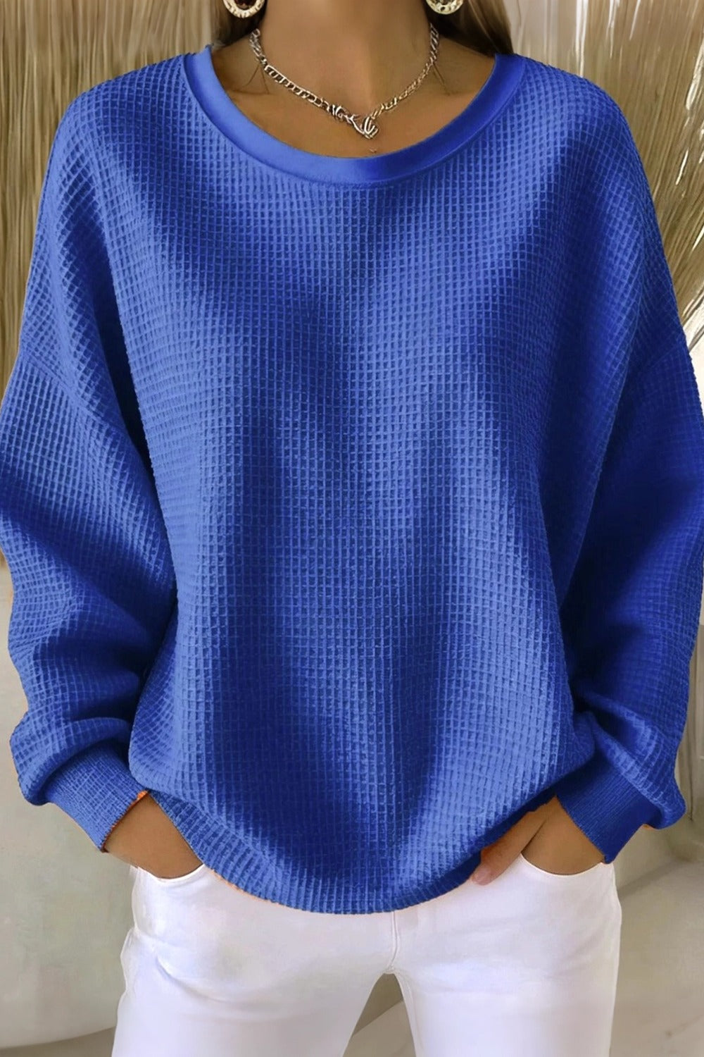 Crew Neck Long Sleeve Waffle Knit Sweatshirt 11