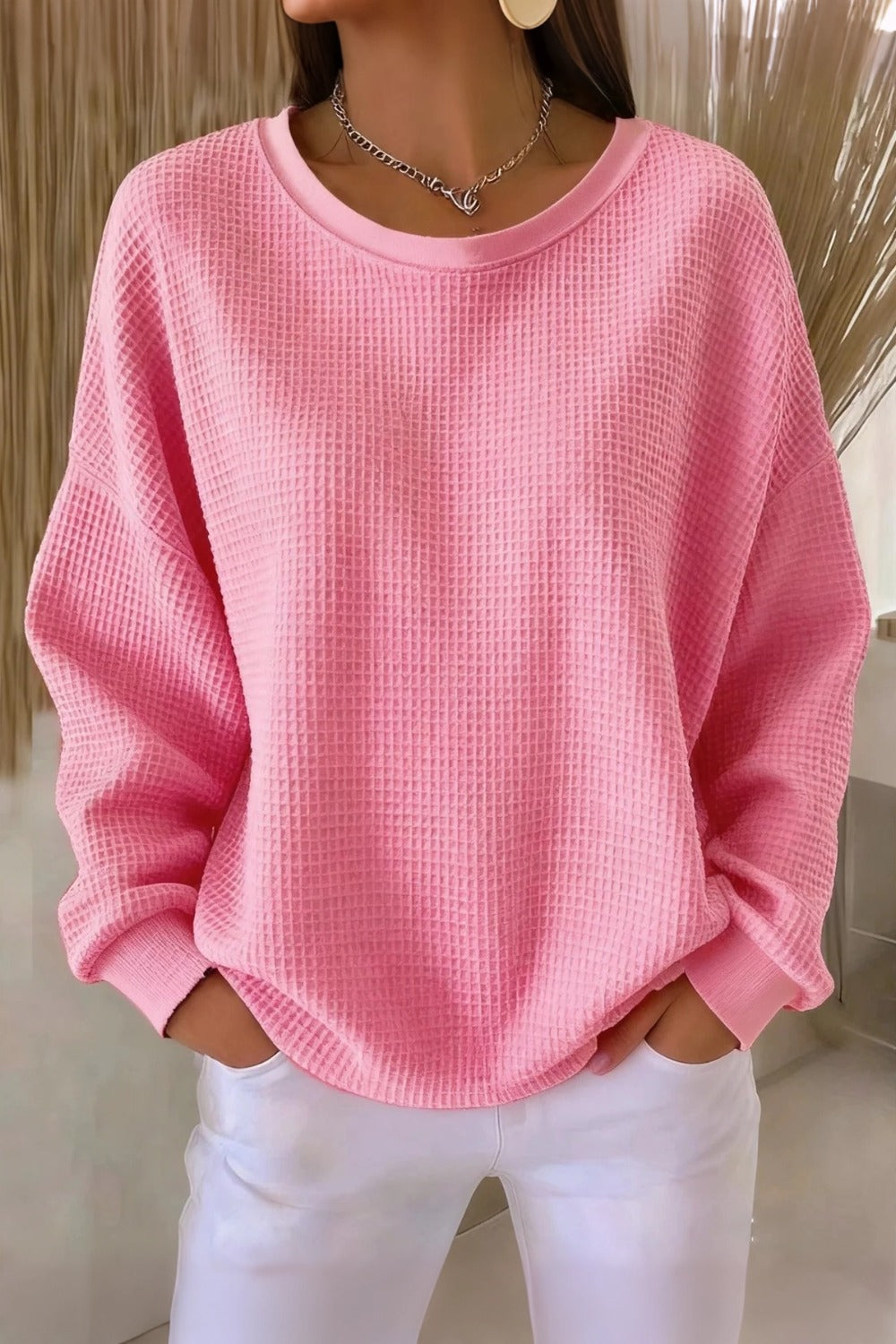 Crew Neck Long Sleeve Waffle Knit Sweatshirt 2