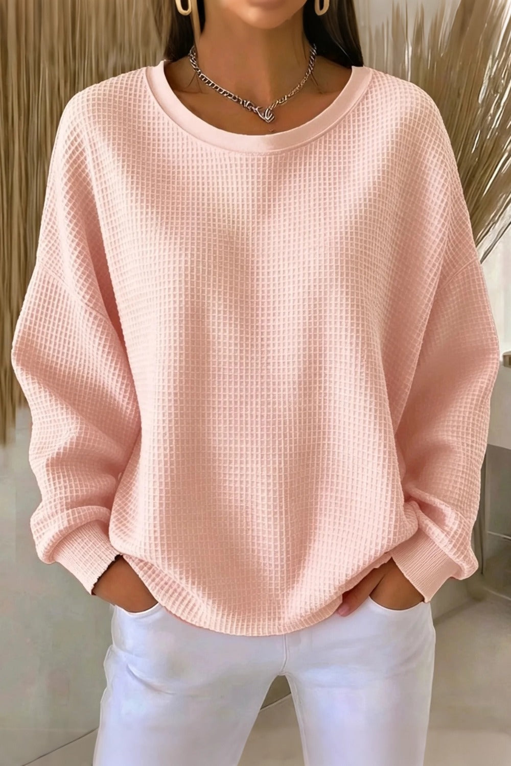 Crew Neck Long Sleeve Waffle Knit Sweatshirt 4