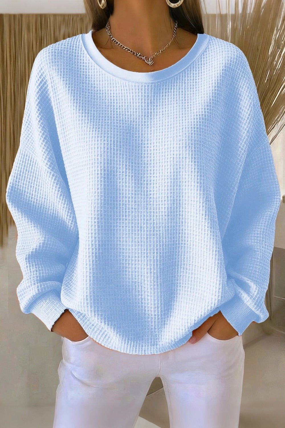 Crew Neck Long Sleeve Waffle Knit Sweatshirt 6