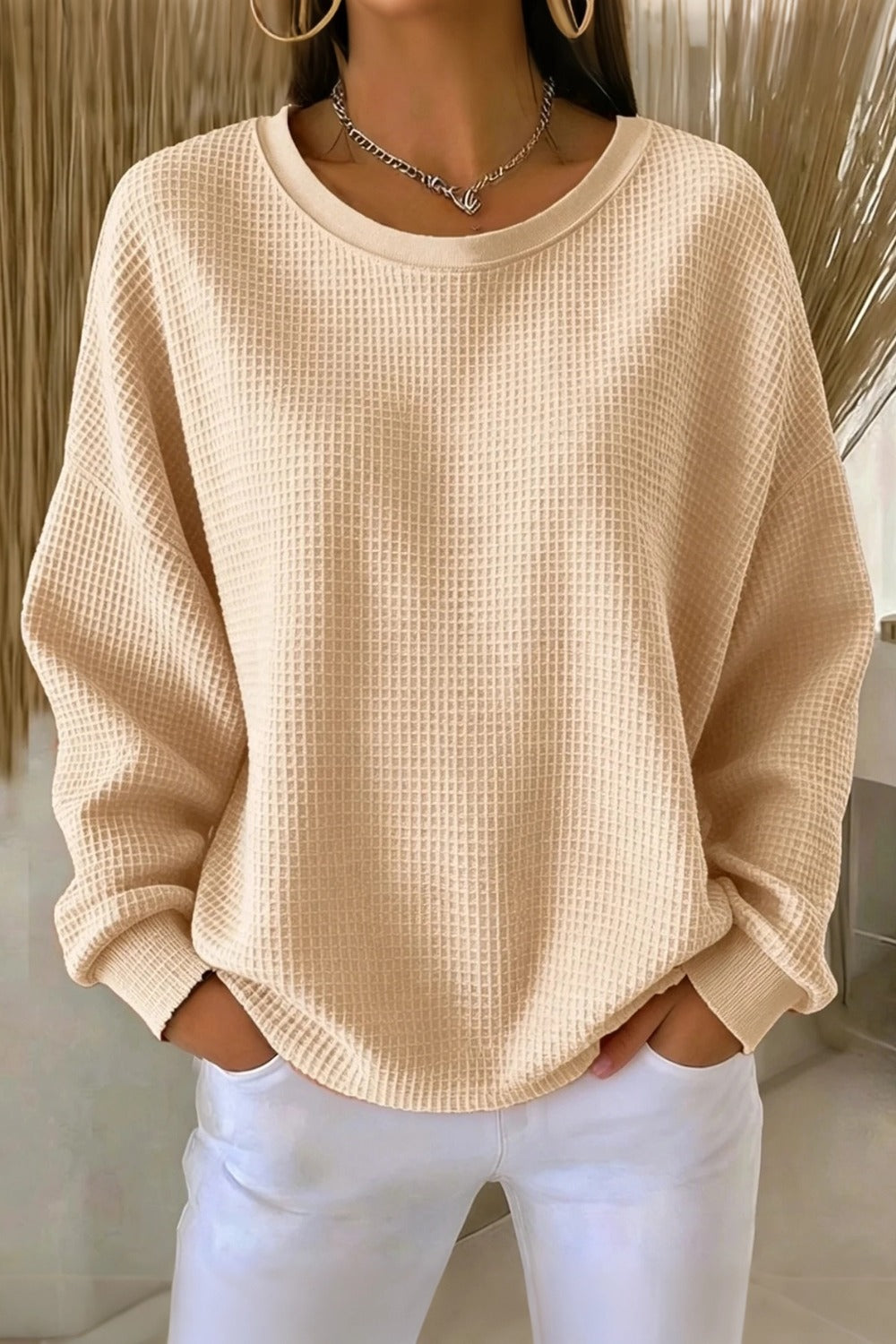 Crew Neck Long Sleeve Waffle Knit Sweatshirt 7