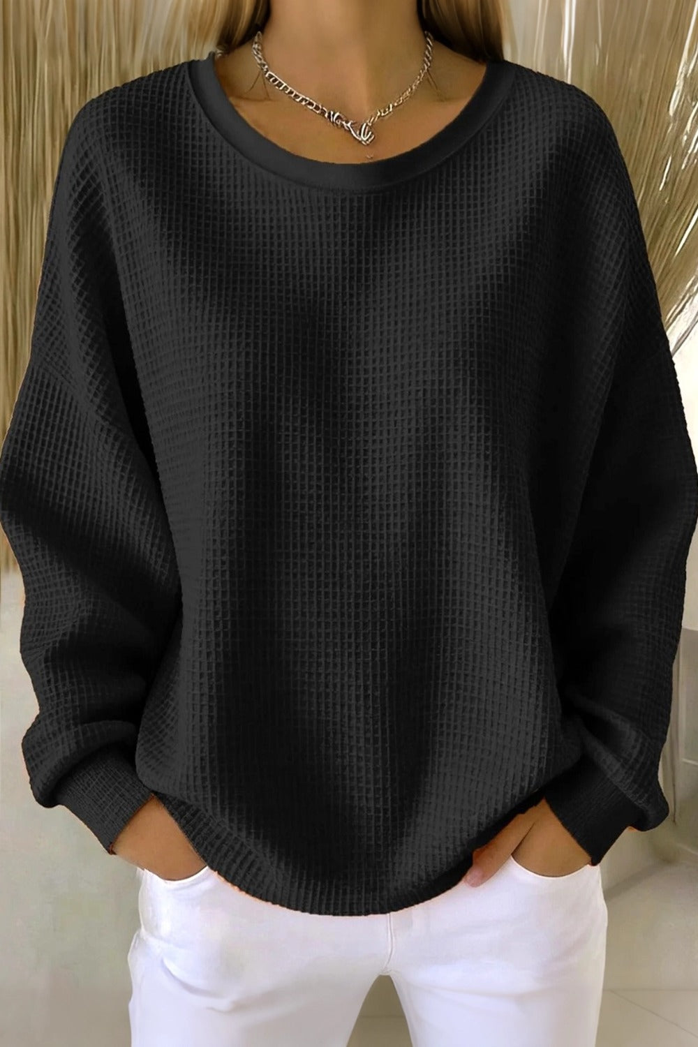 Crew Neck Long Sleeve Waffle Knit Sweatshirt 8